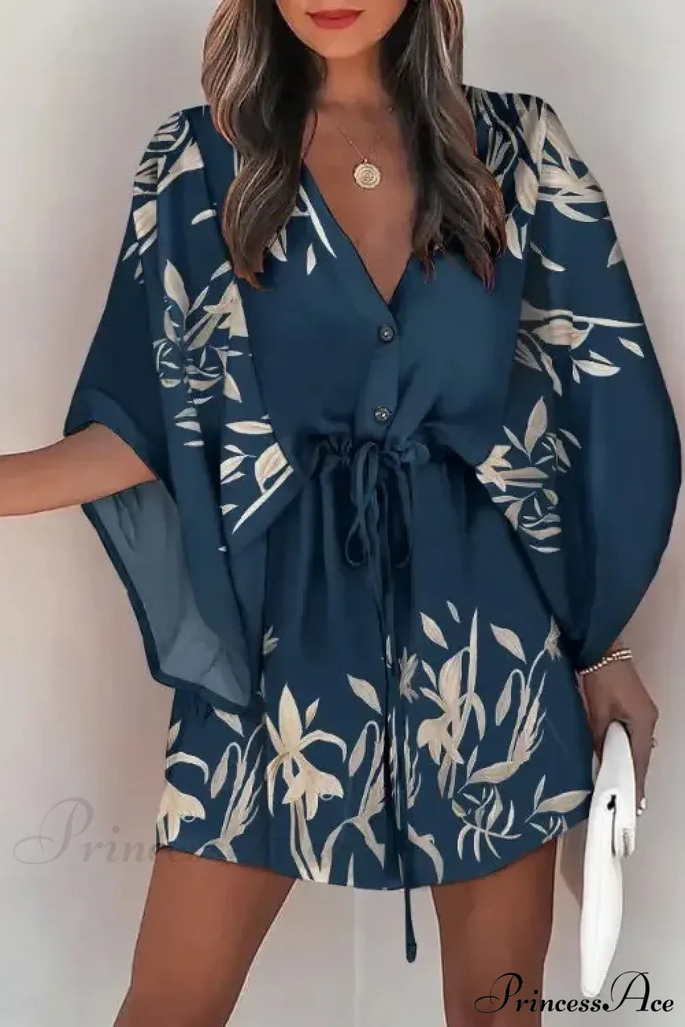 European Fashion Print V-neck Vacation Dress NAVY BLUE / S bohodress-250126