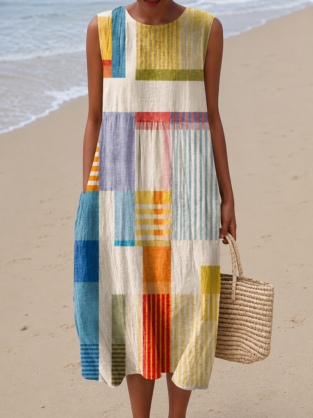 Crew Neck Sleeveless Patchwork Stripe Midi Dress