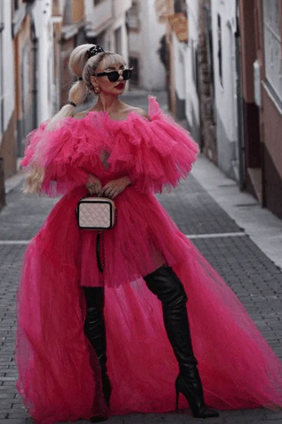 Exaggerated Ruffle Deep V Cutout High Low Tiered Dress - Hot Pink