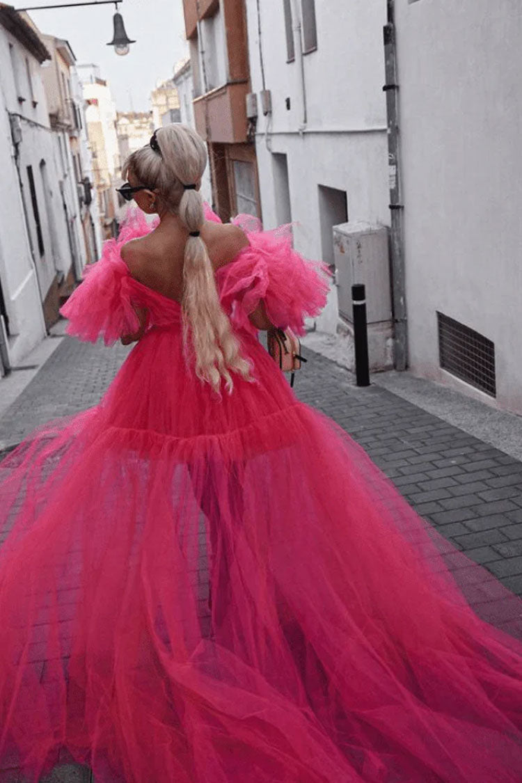 Exaggerated Ruffle Deep V Cutout High Low Tiered Dress - Hot Pink - View 3