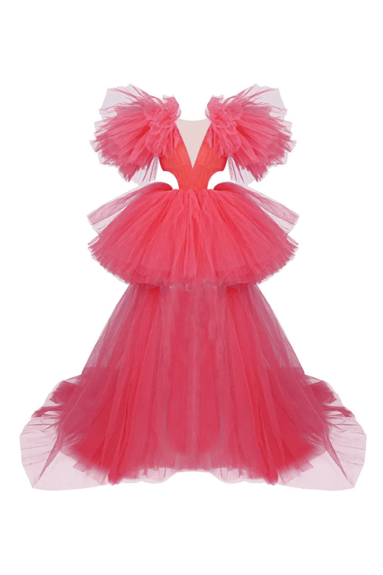 Exaggerated Ruffle Deep V Cutout High Low Tiered Dress - Hot Pink - View 4