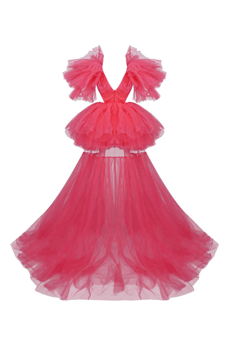 Exaggerated Ruffle Deep V Cutout High Low Tiered Dress - Hot Pink - View 5