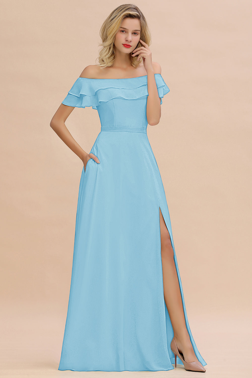 Exquisite Off-the-shoulder Slit Mint Green Bridesmaid Dresses With Pockets - Fashionpara
