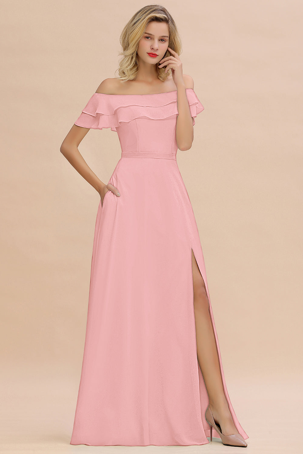 Exquisite Off-the-shoulder Slit Mint Green Bridesmaid Dresses With Pockets - Fashionpara