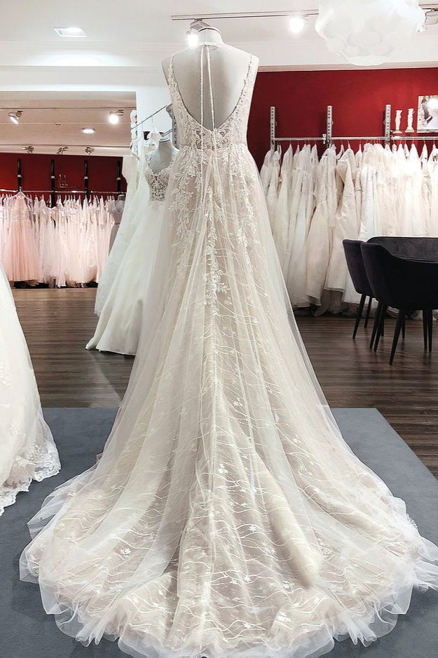 Eye-taking Sleeveless Tulle V Neck Lace A-Line Wedding Dresses - Fashionpara