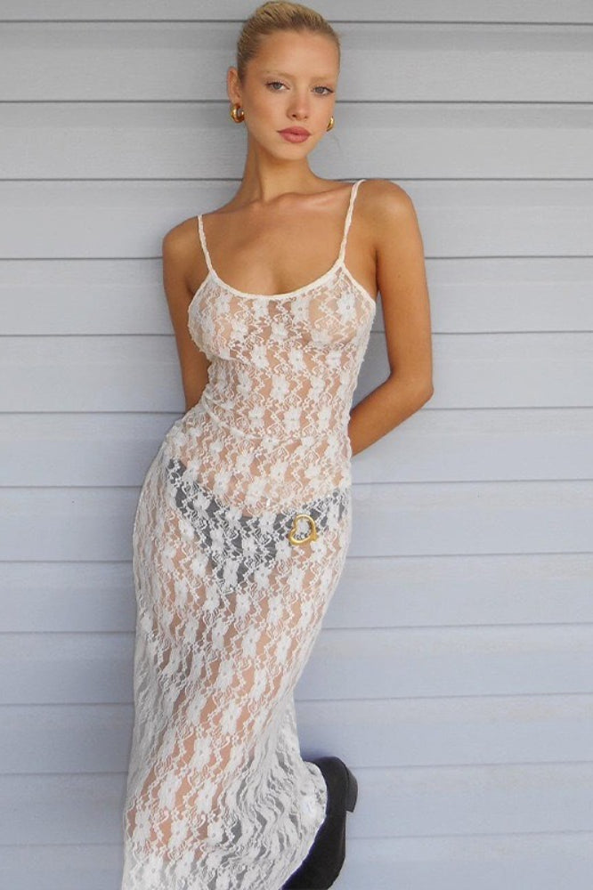 Sheer Lace Scoop Neck Bodycon Maxi Dress