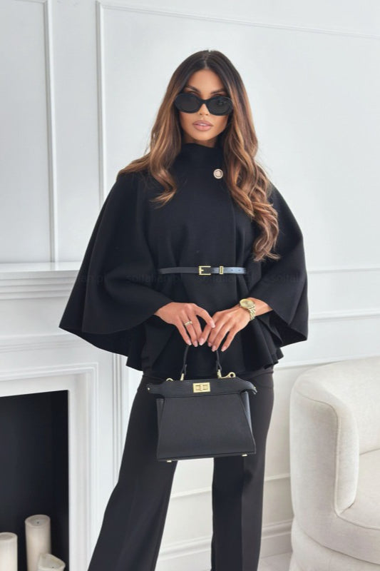 Tailored Wool Blend Belted Cape Coat - Fashionpara