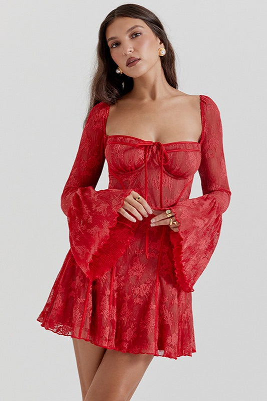 Lace Sweetheart Bell-Sleeve Fit-and-Flare Mini Dress