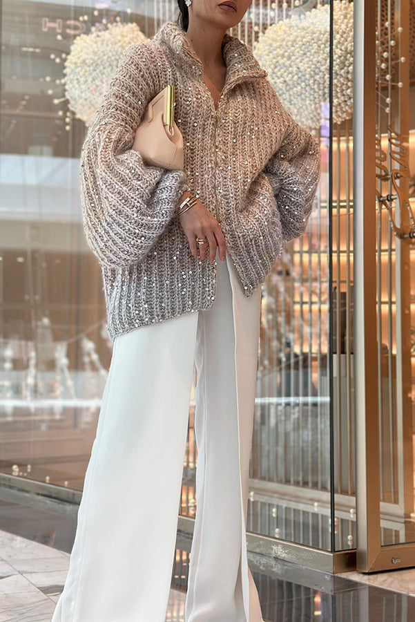 Chic Loose Knit Cardigan with Sequin Balloon Sleeves