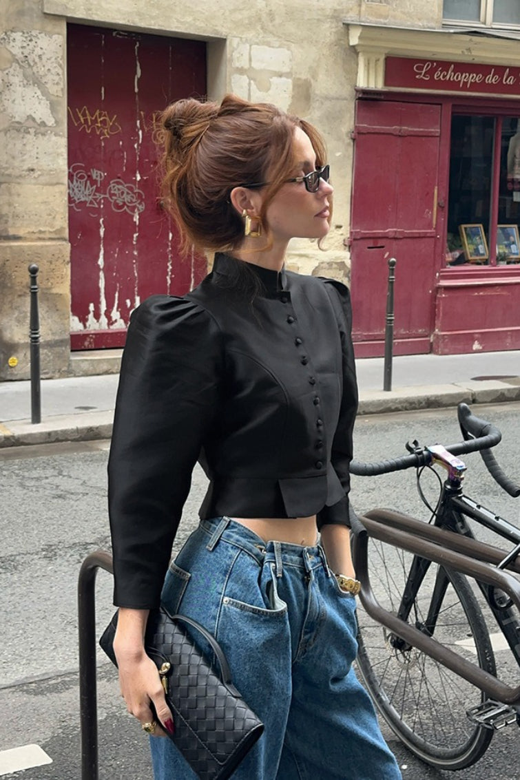 Mandarin Collar Puff Sleeve Blouse