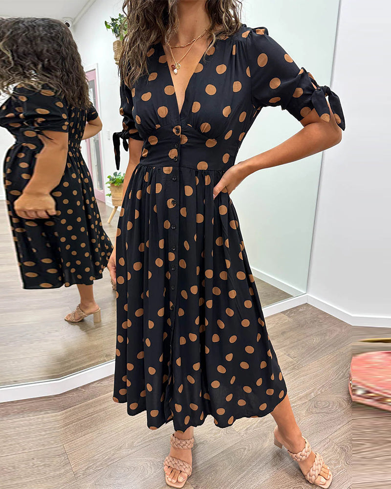 Polka Dot Deep V-Neck Button Front Puff Sleeve Tie Cuff Midi Dress