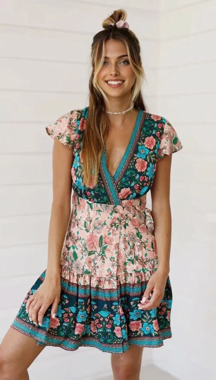Boho Floral V-Neck Flutter Sleeve Wrap Mini Dress 18