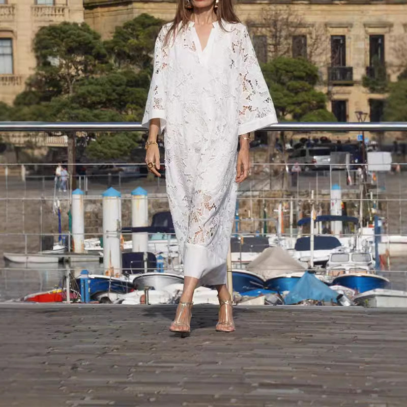 Eyelet Lace Long Sleeve Standing Collar Wide Hem Band Maxi Dress - View 7