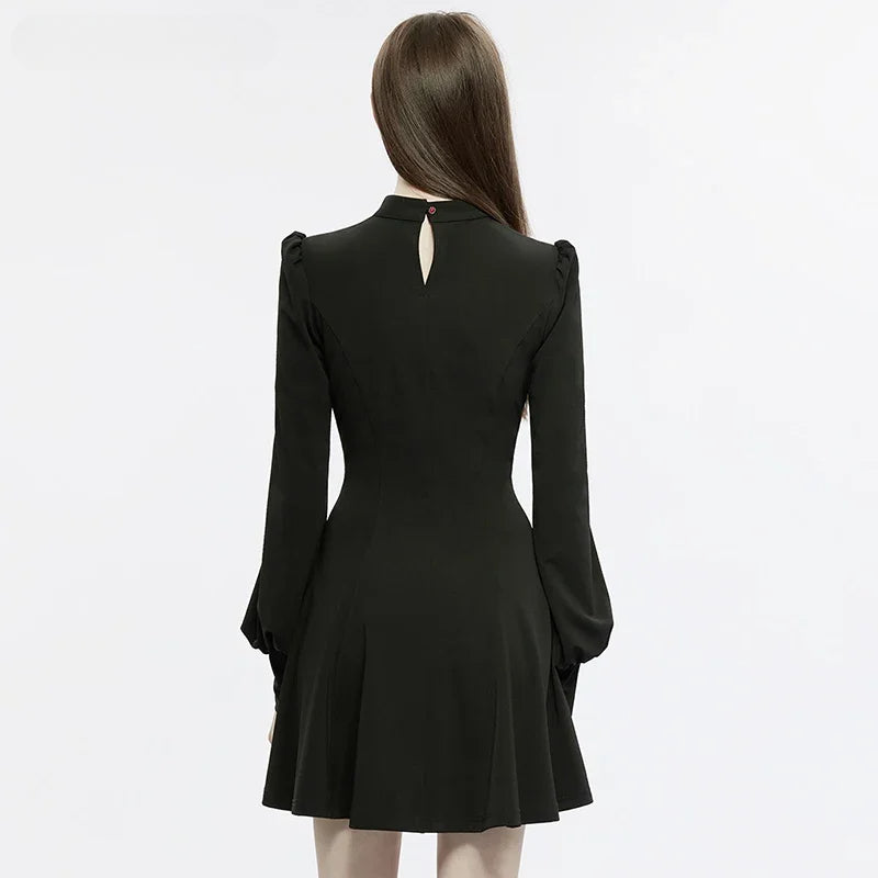 High Neck Puff Sleeve Heart Cutout Fit & Flare Mini Dress