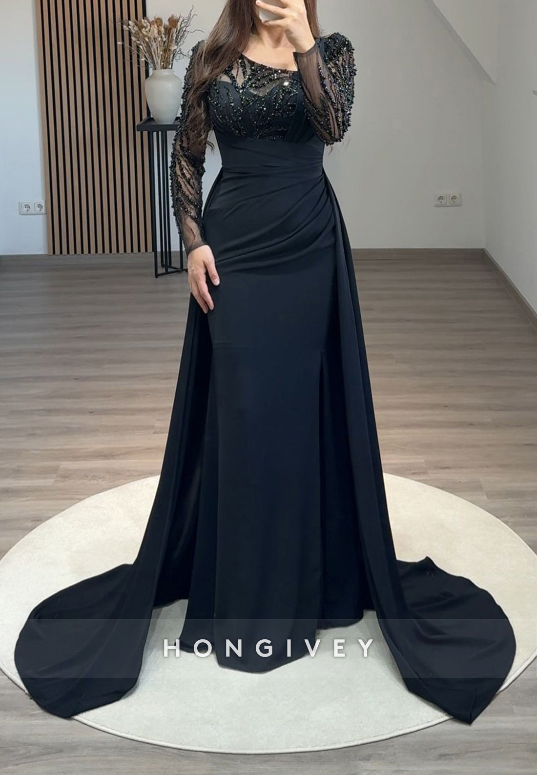 Pleated Beading Long Sleeve Illusion Neck Sweep Train Formal Dresses