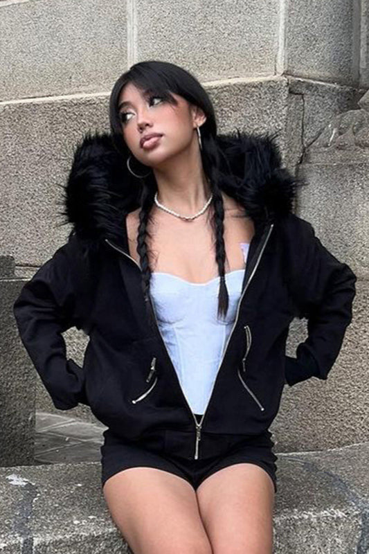 Fuzzy Colorblock Zip Up Hoodie