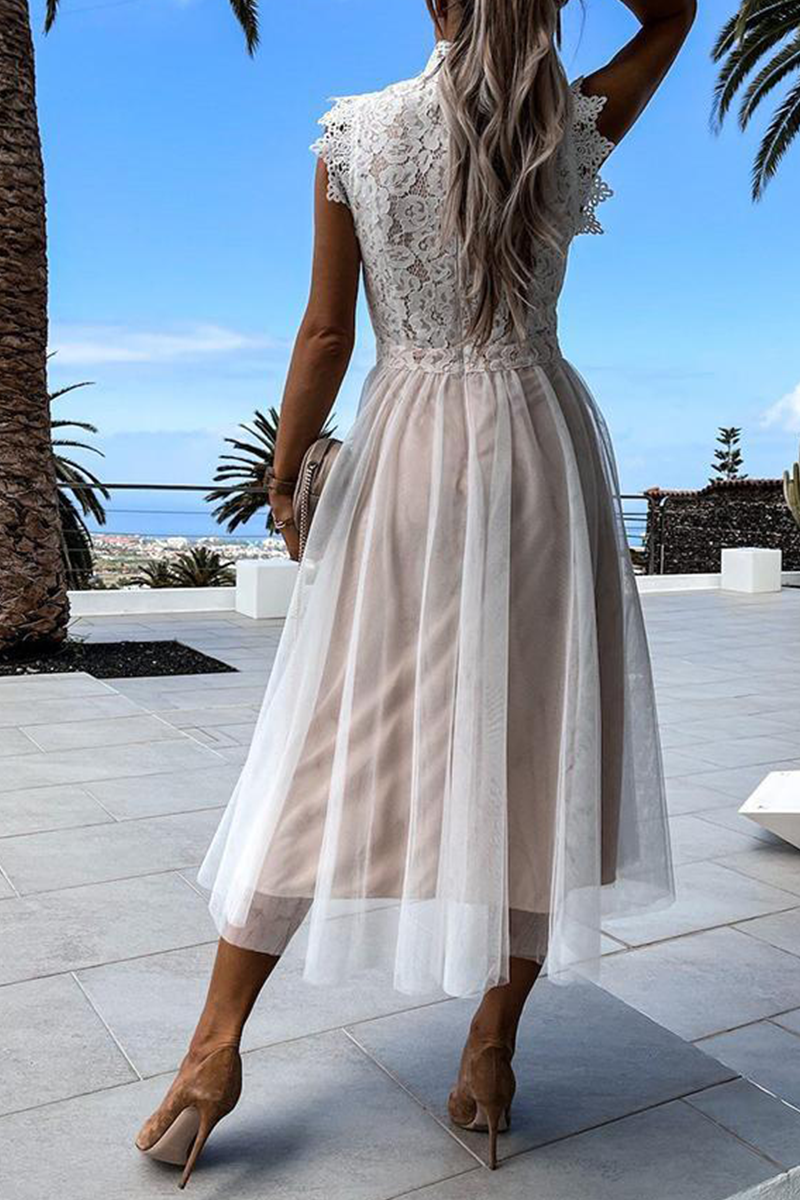 Lace Mock Neck Sleeveless Tulle Pleated A-Line Midi Dress - View 2