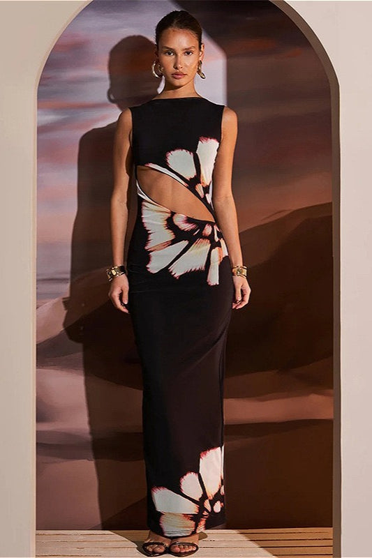 Black O-Neck Sleeveless Hollow Out Floral Dress