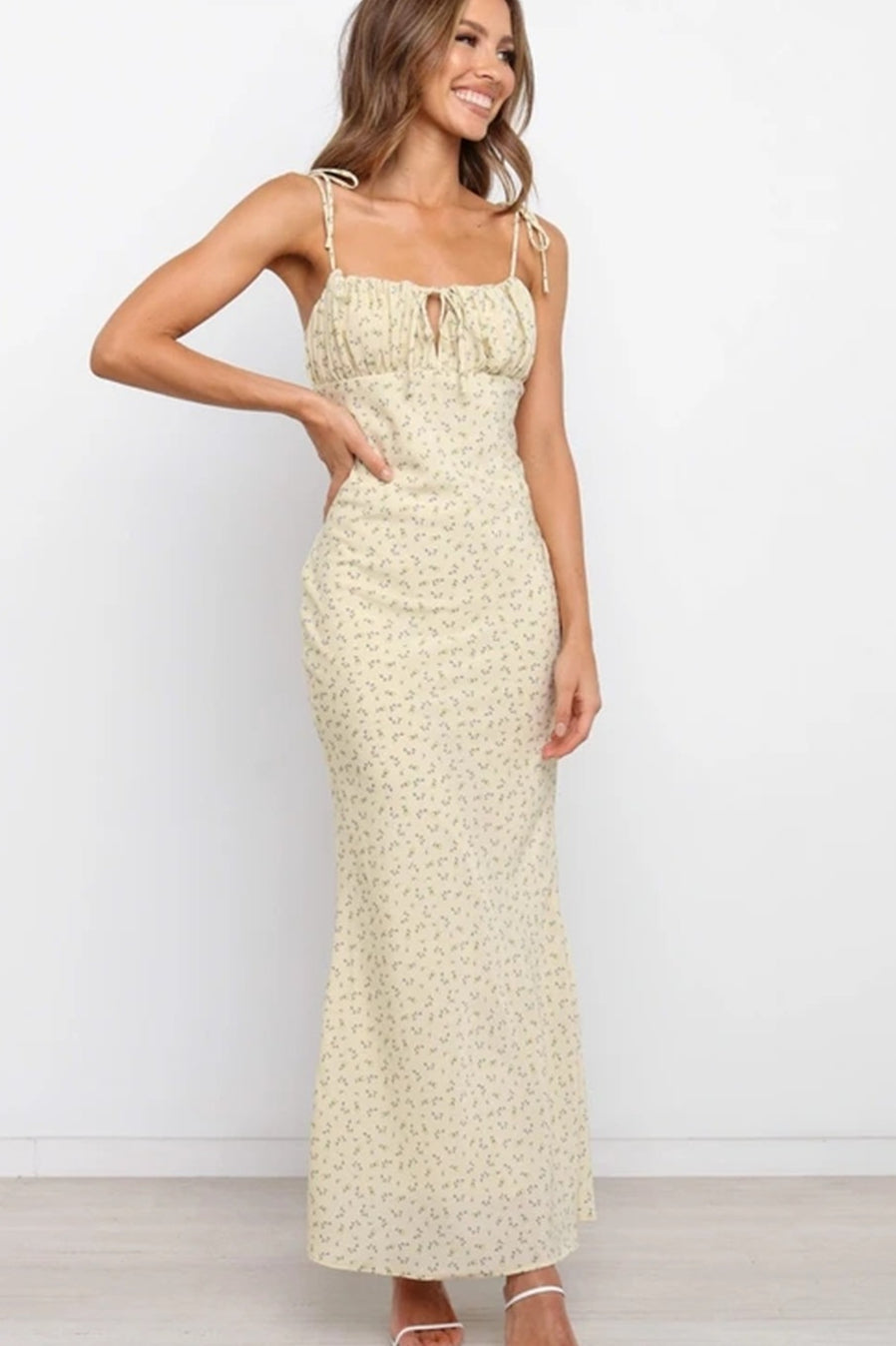 Floral Print Tie-Front Ruched Bodycon Maxi Dress