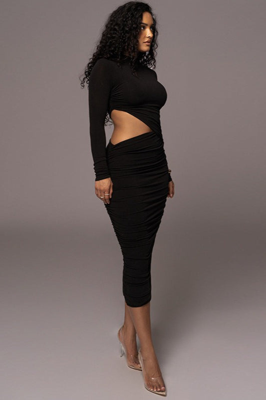 High Neck Long Sleeve Cutout Ruched Bodycon Midi Dress