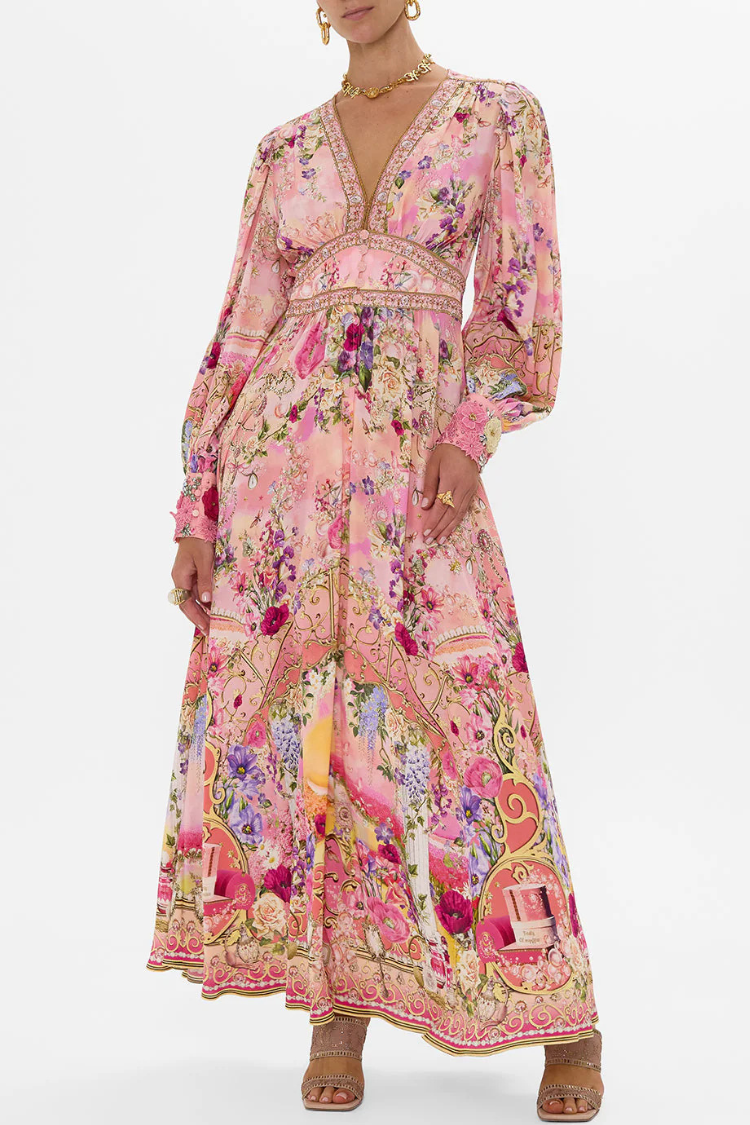 Printed V-neck Long-sleeved Puff Sleeve Waist Maxi Dress - Fashionpara