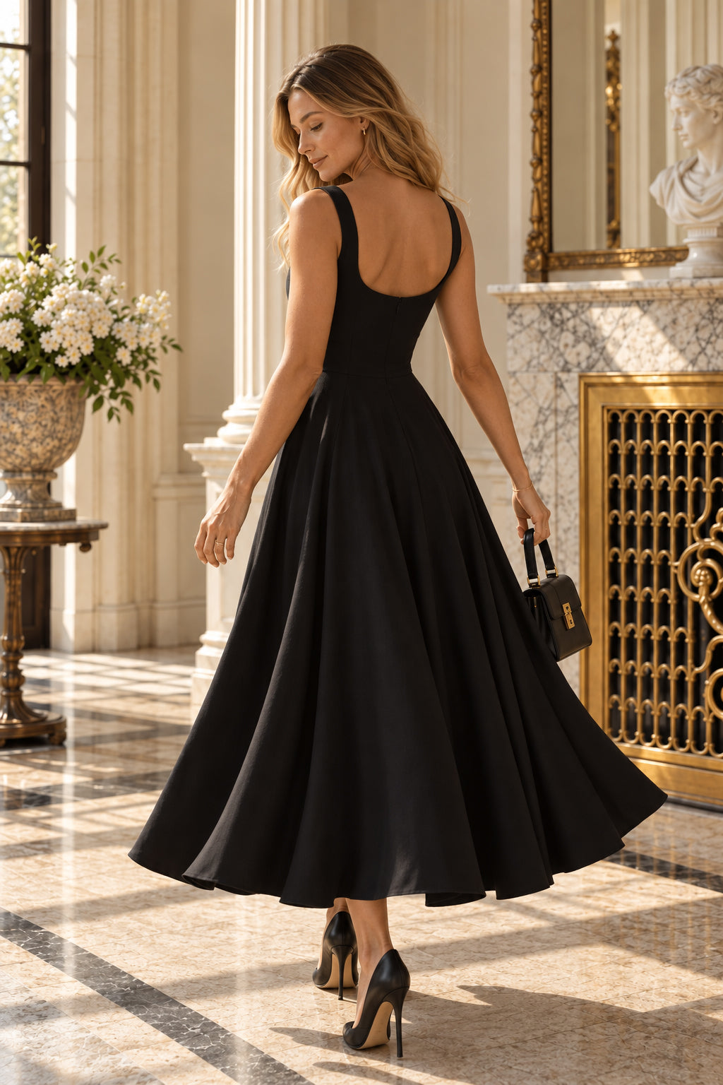 Square Neck Sleeveless Fit-and-Flare Midi Dress
