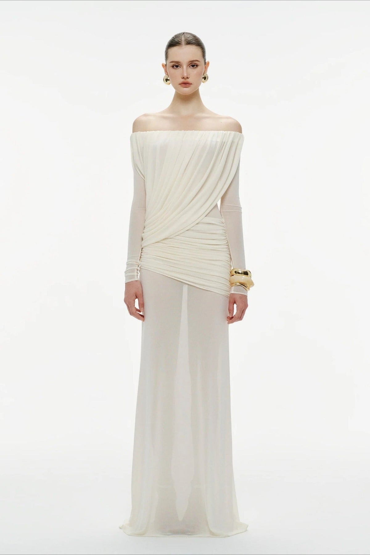 Mesh Off-Shoulder Long Sleeve Draped Column Maxi Gown