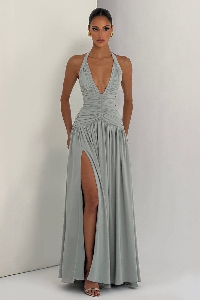 Halter Deep V-Neck Ruched High-Slit Maxi Dress