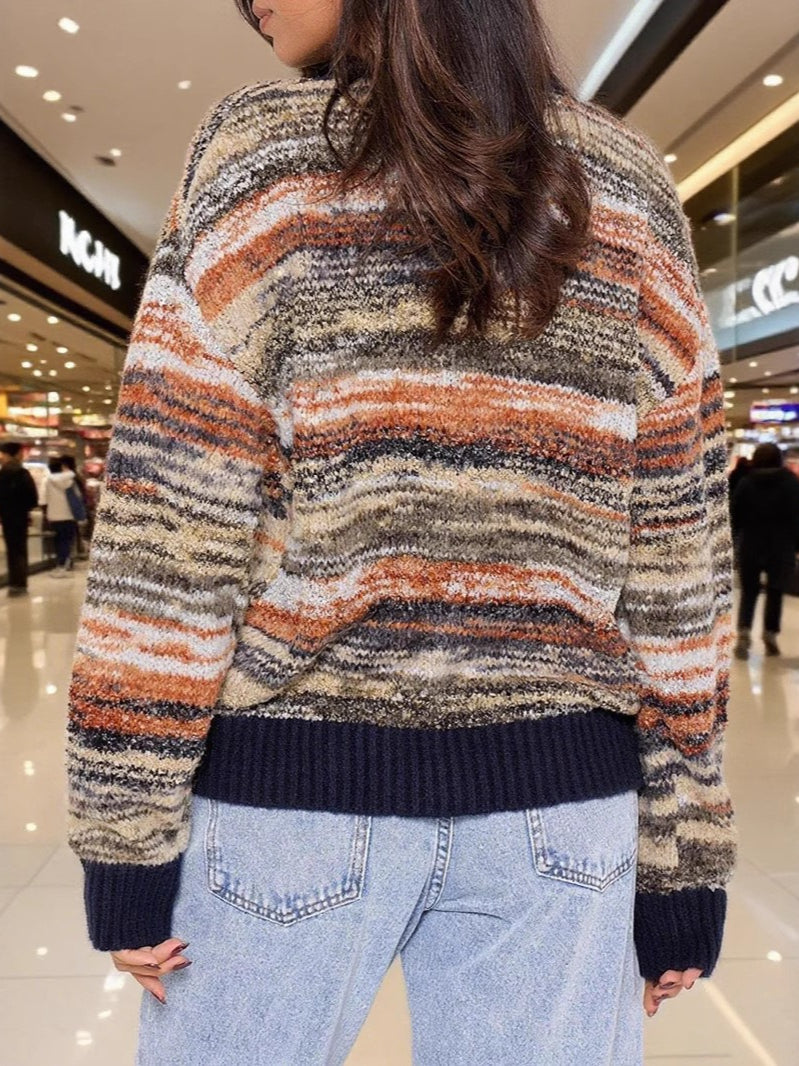 Color-Block Striped V-Neck Retro Knit Sweater for Style