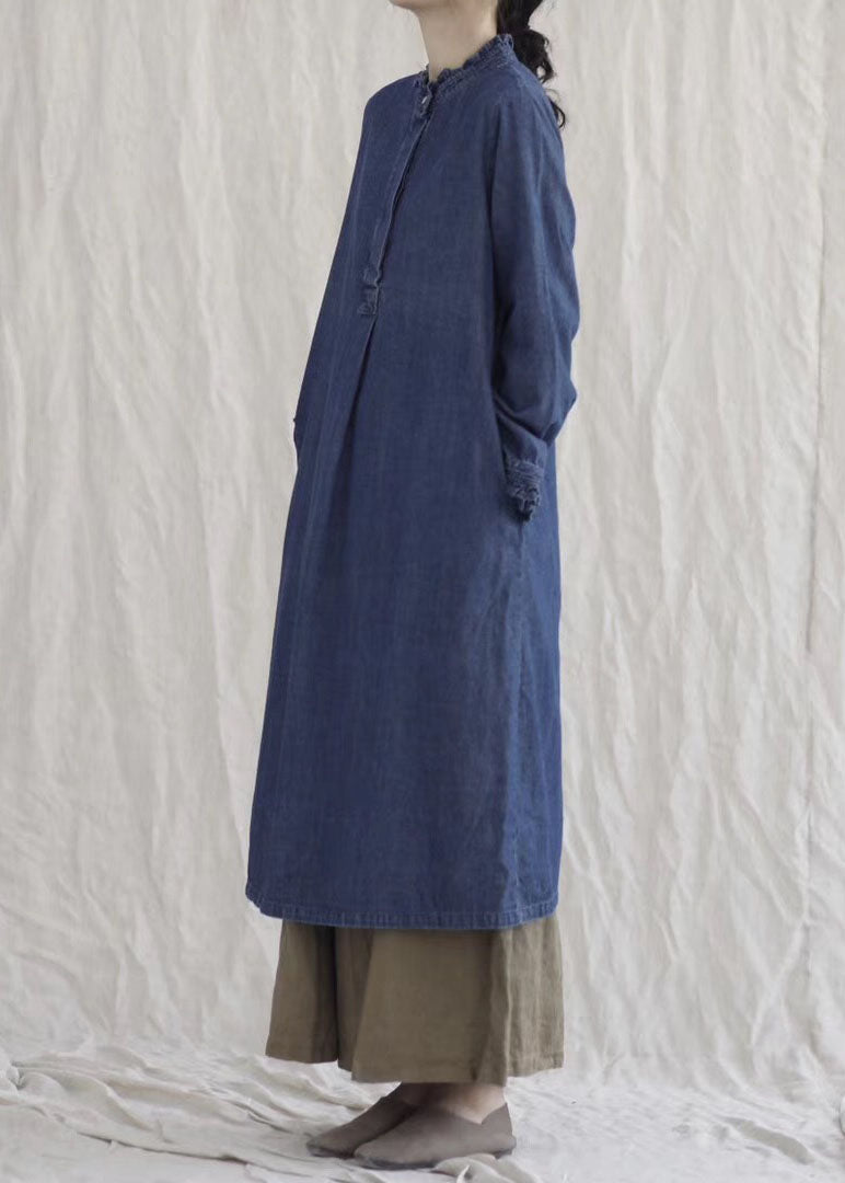 Ruffle Collar Cuff Long Sleeve Denim Button Front Midi Dress - View 4