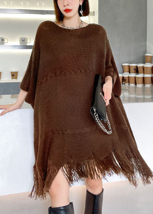Knit Tassel Fringe Batwing Sleeve Oversized Mini Sweater Dress