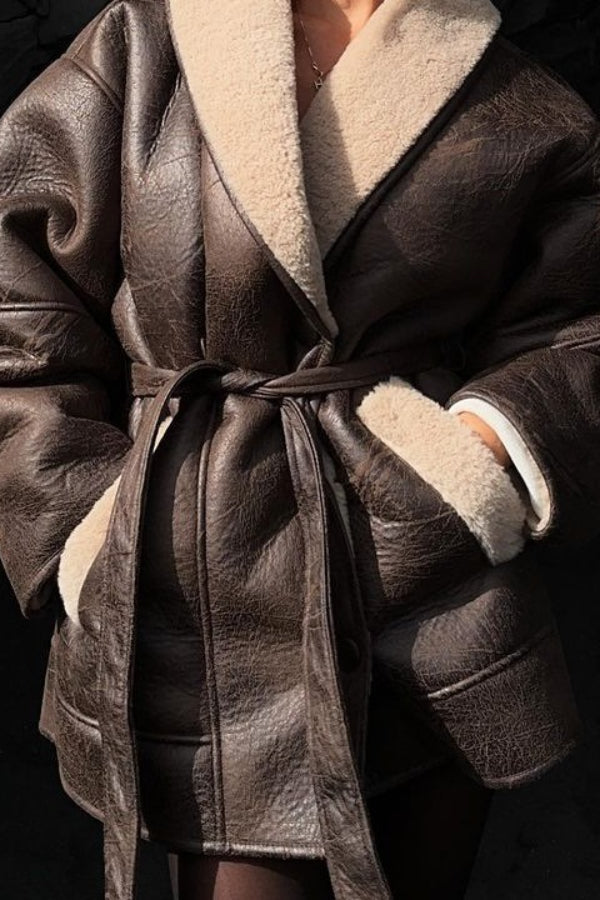 Faux Fur Collar Leather Coat - Fashionpara