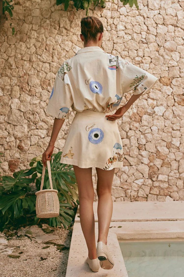 Kea Linen Blend Unique Print Short Sleeve Shirt and High Rise Wrap Panel Miniskirt Set - Fashionpara