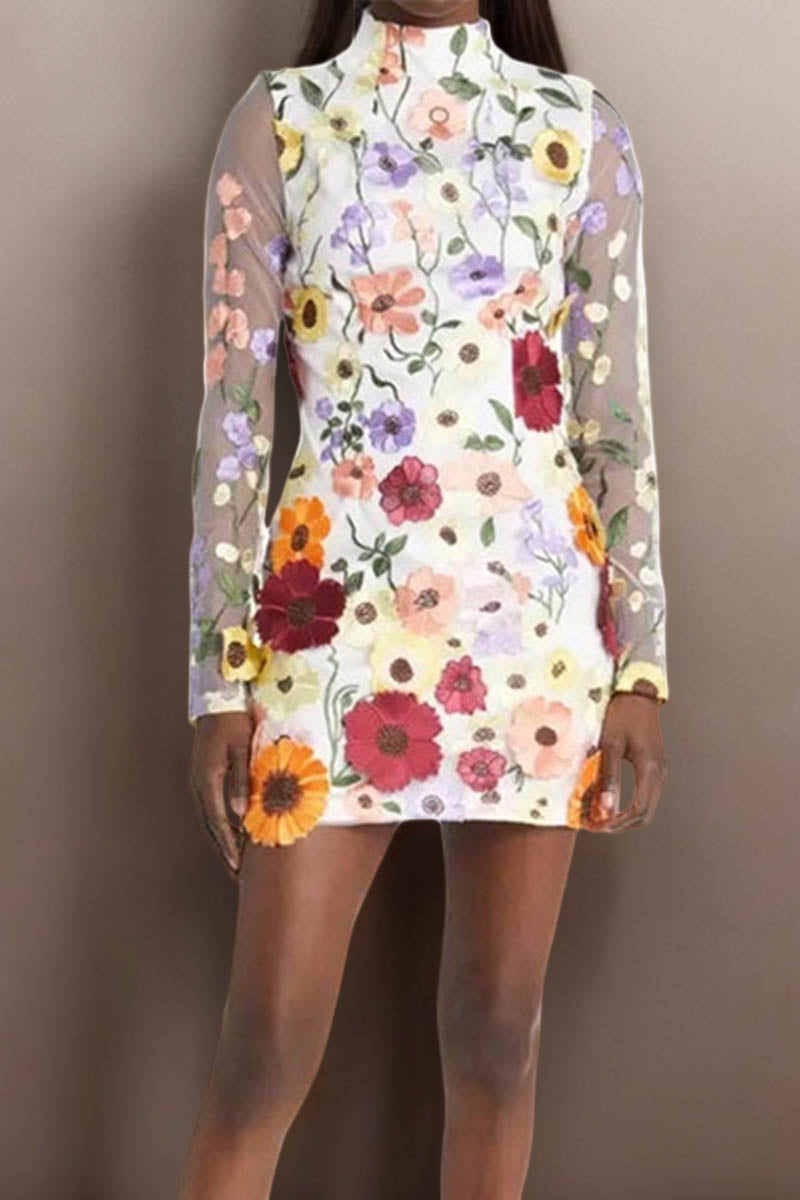 3D Lace Flower Embroidered Long-sleeved Fitted Dress - Fashionpara