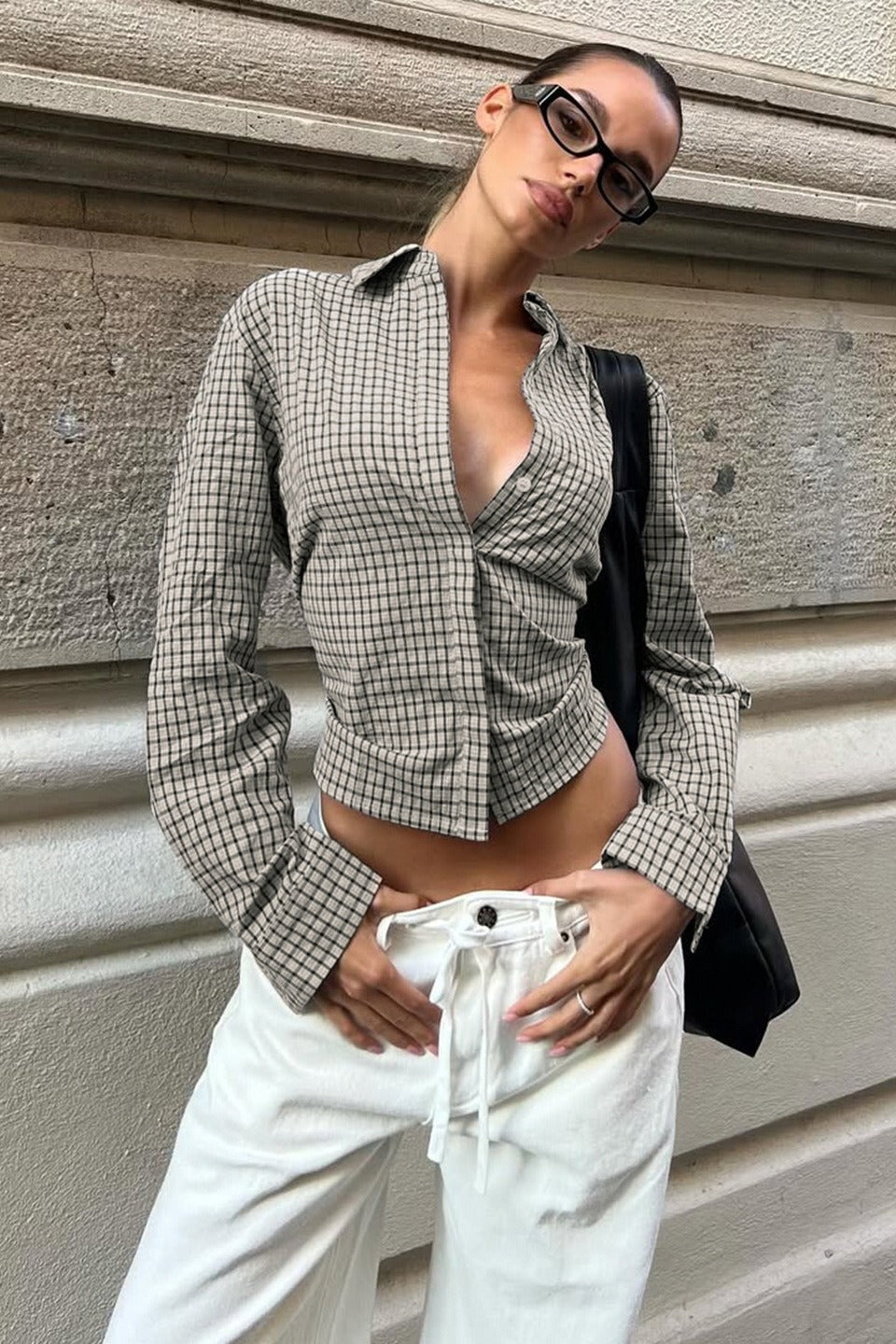 Belted Checkered Long Sleeve Blouse