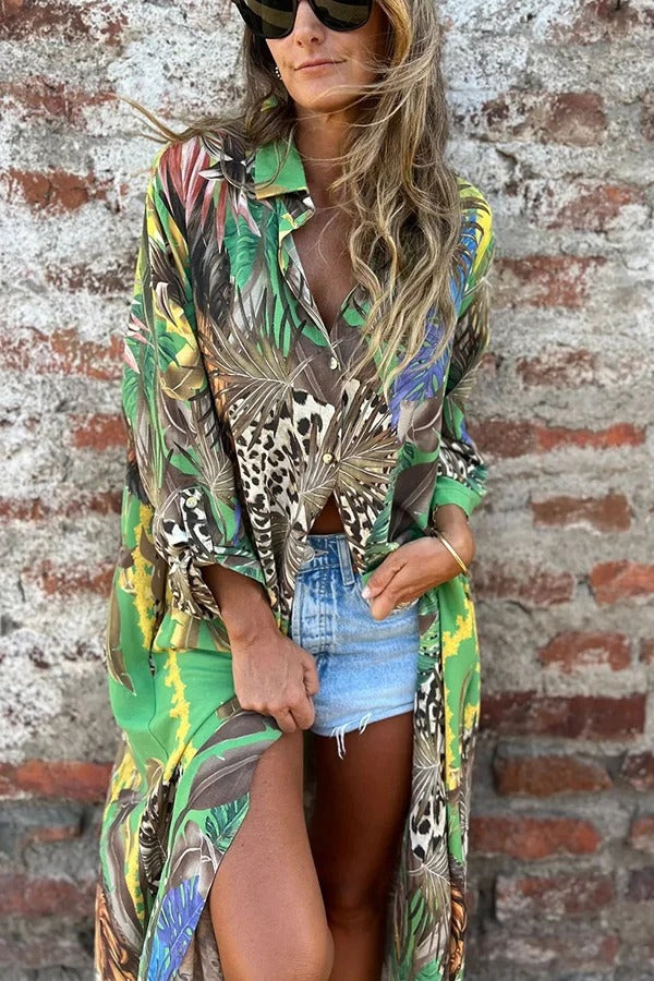 Jungle Miracle Animal Unique Print Button Long Sleeve Midi Relaxed Blouse - Fashionpara