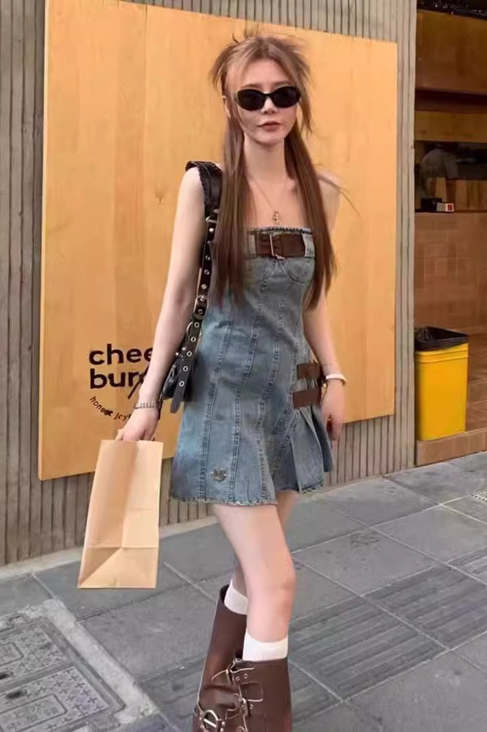 Denim Square-Neck Spaghetti Strap Belted A-Line Mini Dress