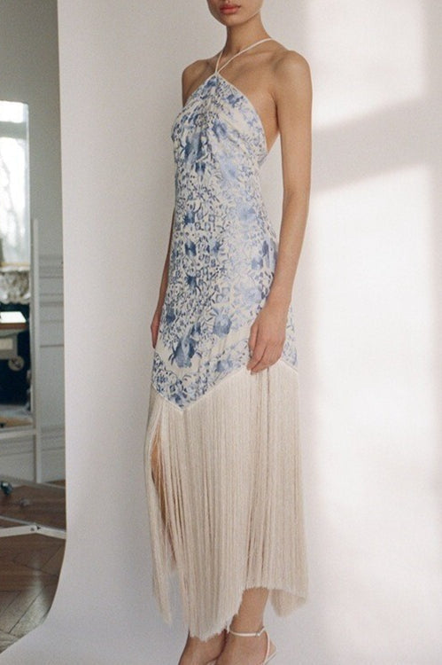 Floral Halter Neck Tassel Fringe Bodycon Midi Dress - View 2
