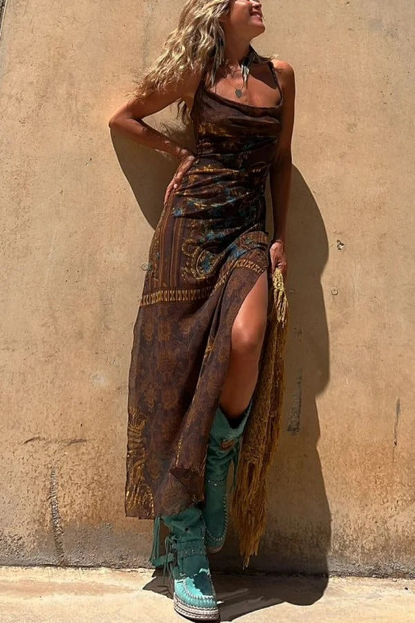 Backless Lace Up Fringe High Split Boho Maxi Dress - View 6