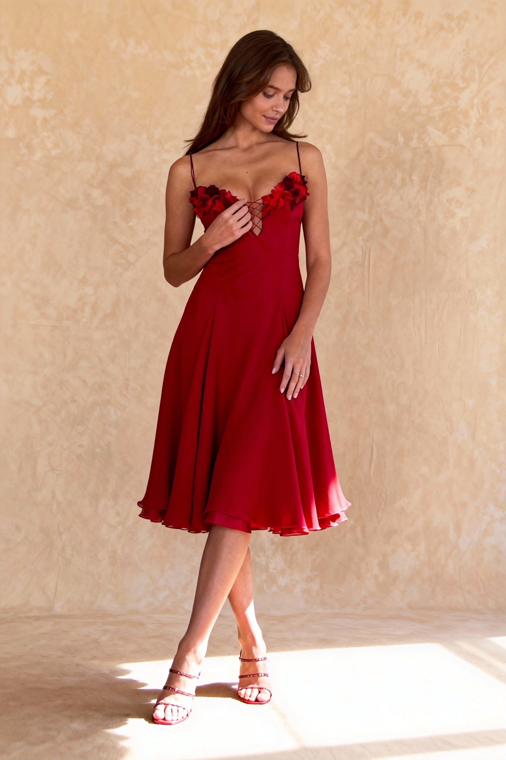 Deep V 3D Floral Sheer Midi Party Dress