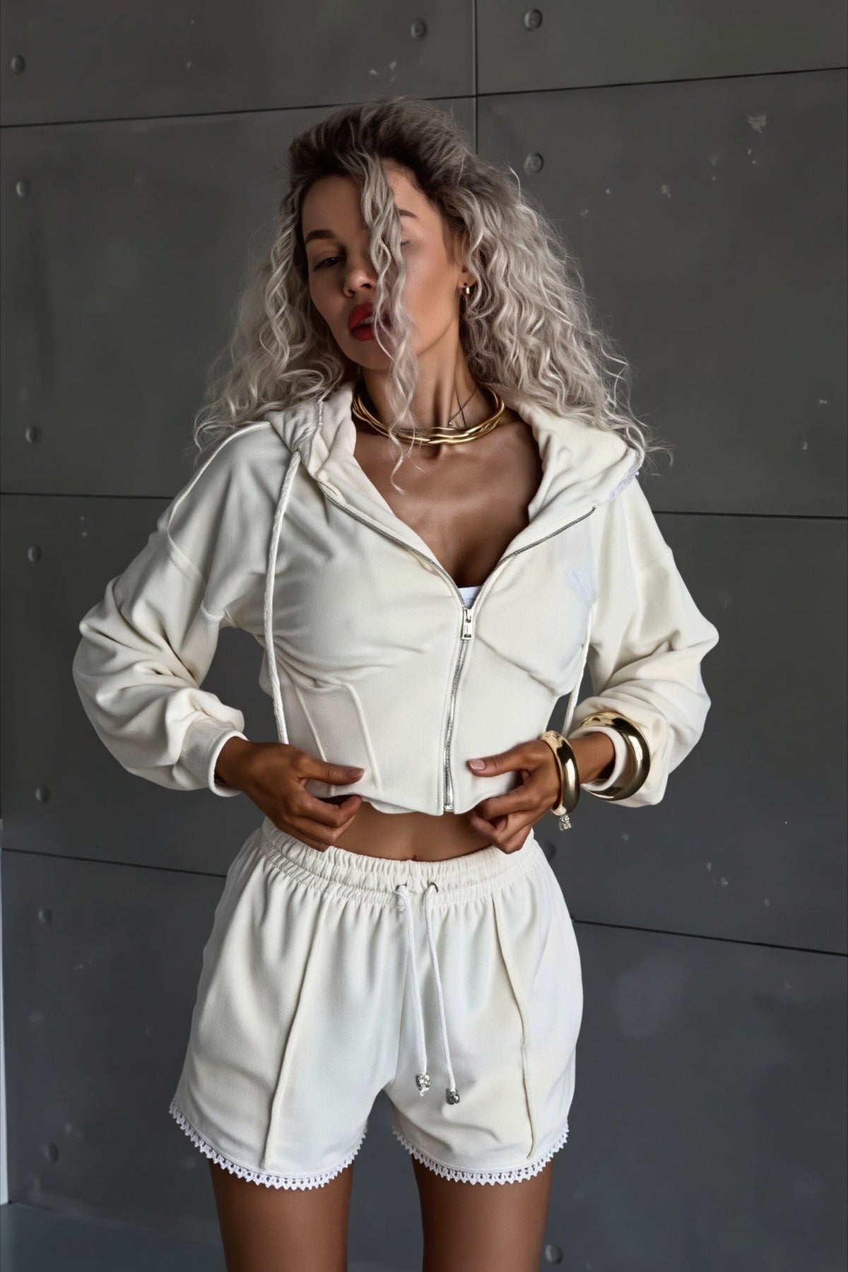 Contrast Velour Zip Front Shorts Hoodie Two Piece Set