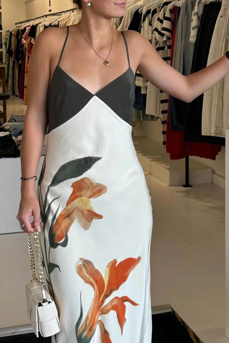 Unique Iris Print V-Neck Suspender Maxi Dress - Fashionpara