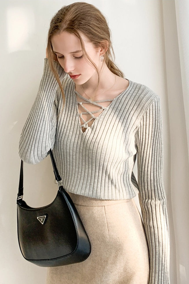 Slim Fit Lace Up V Neck Sweater