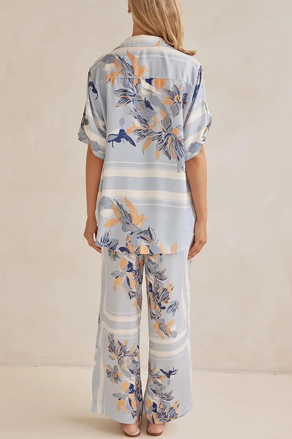 Fashionable Plant Print Loose Lapel Short Sleeve Shirt and Casual Elastic Waist Pocket Pants Set - Fashionpara