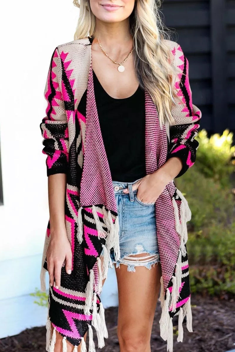 Geometric Print Tassel Design Cardigan