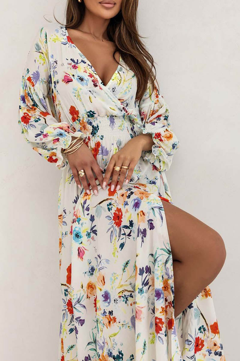 Printed V-neck Slit Long Sleeve Dress - Fashionpara