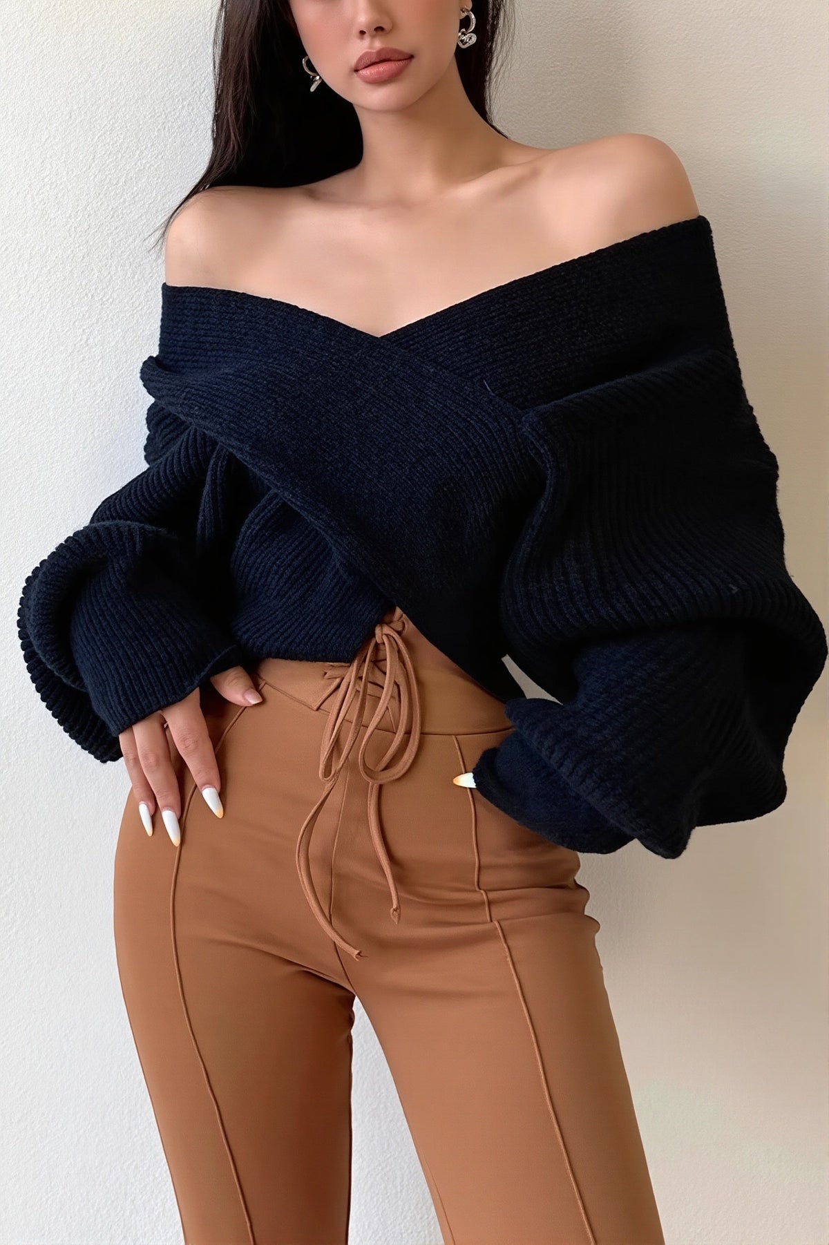 Wrap Front V Neck Relaxed Sweater