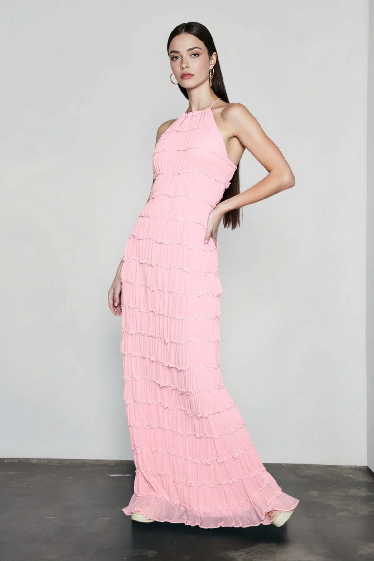 Crinkle Halter Neck Tiered Ruffle Maxi Dress 6