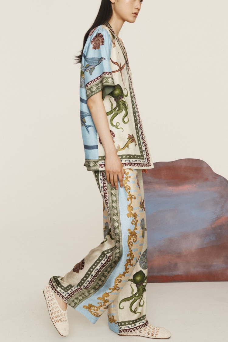 Deep Sea Dreaming Satin Unique Print Short Sleeve Shirt and Elastic Waist Pocketed Pants Set - Fashionpara