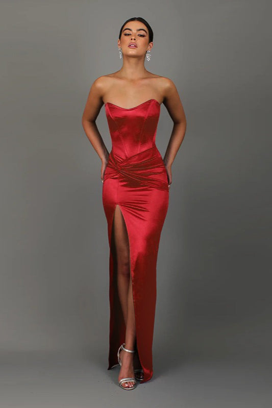 Twist Front Satin Slit Party Dress